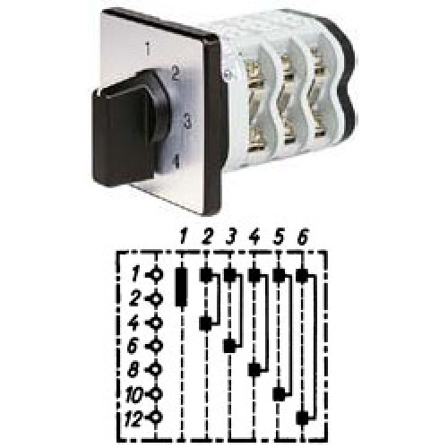 Арт. 142151 Двухполюсный шестиступенчатый кулачковый выключатель без положения "0". Тип S26, контактных отсеков - 6, 25A/400V IP54, код заказа V2N S26-F1-B-SI