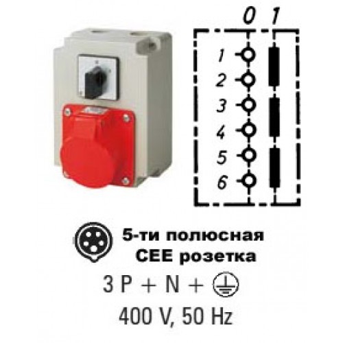 Арт. 31990957 Трехполюсный выключатель в пластиковом корпусе 16A/400V с розеткой СЕЕ 3P+N+E/400V/IP44 код заказа CD1AT 516/6h